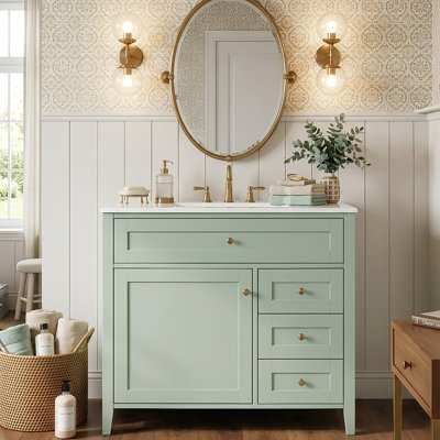 36" Modern Bathroom Vanity with Ceramic Sink, Solid Rubber Wood Storage Cabinet with Tip-Out Drawer (Black/White/Gray/Green)