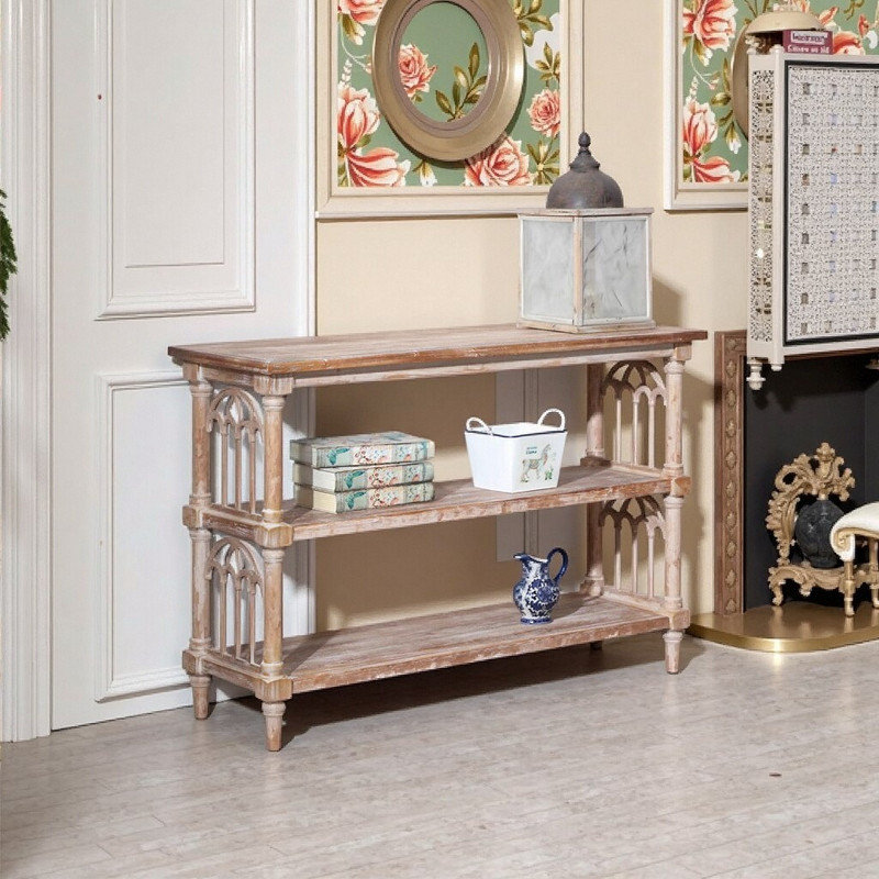 Console 47,24 pouces de long en bois rustique à 3 niveaux avec arches gothiques pour le couloir du salon