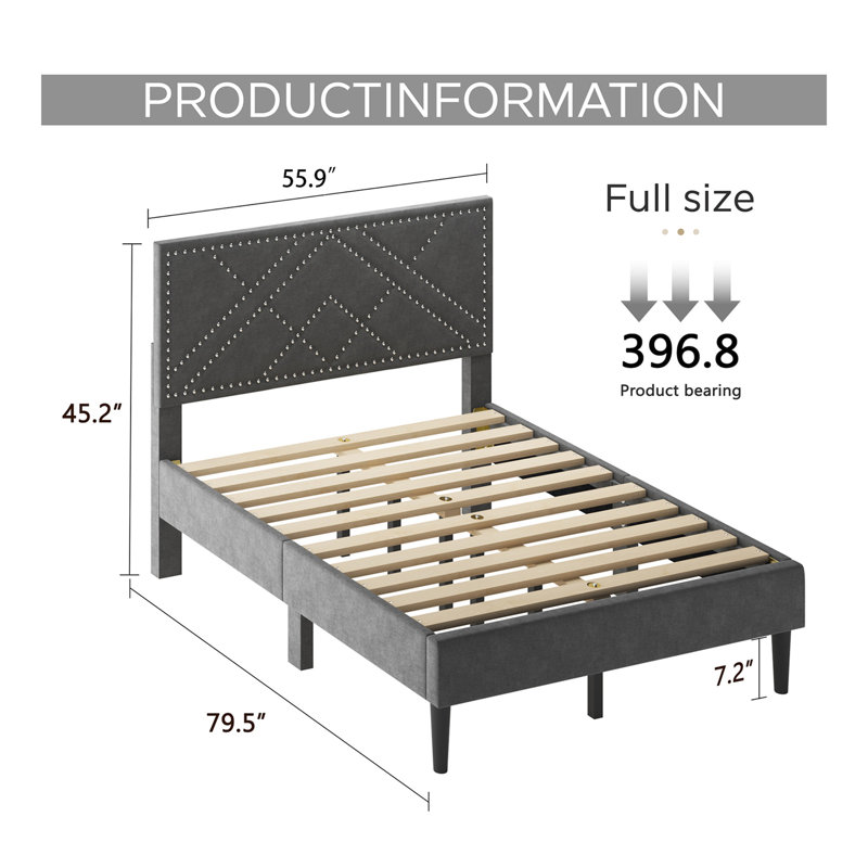 Structure de lit double, tête de lit en lin, solide et stable, sans bruit, rangement sous le lit, sans sommier, poids 396,8 lb (gris carbone)
