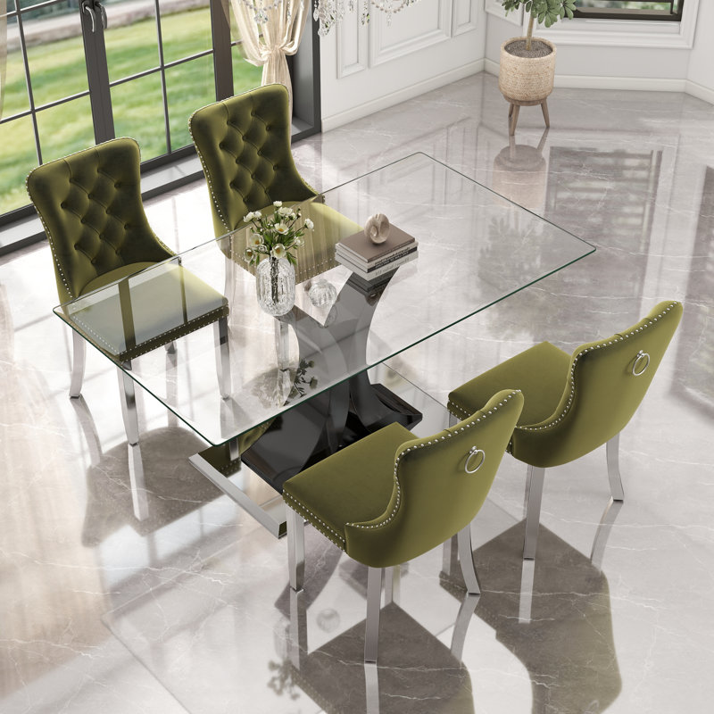 Ensemble de table de salle à manger rectangulaire en verre trempé, 5, Vert olive, Noir