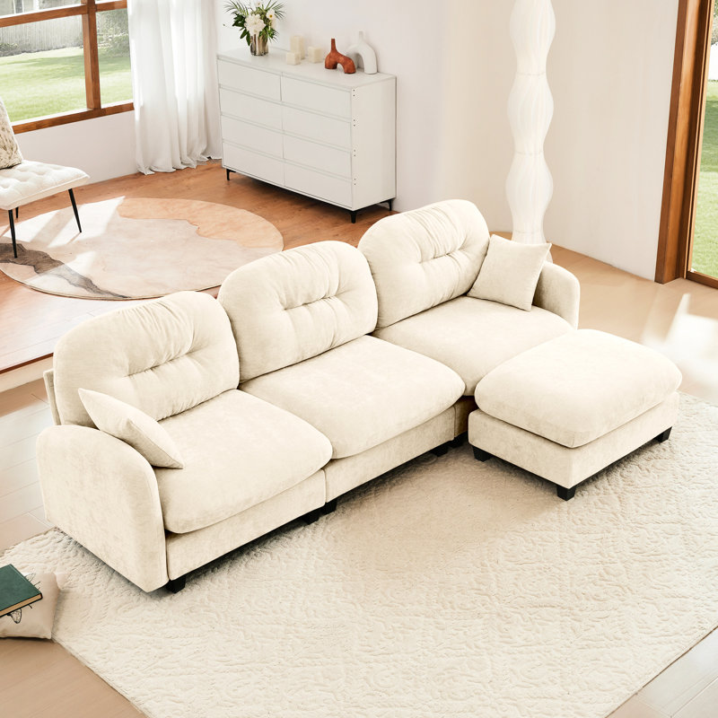 Canapé modulaire en L beige avec 3 sièges, coussin et tissu de chenille respirant pour les espaces de vie, Chenille beige