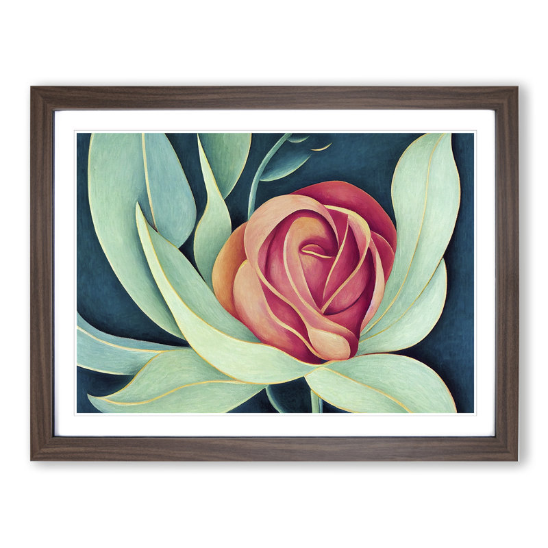 Miraculous Rose Flower - Single Picture Frame Painting, 25cm H x 34cm W x 2cm D, Walnut