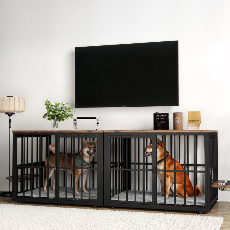 Meuble de cage d'angle pour chien Gurmukh, H 33 po x l 86,6 po x P 29,9 po, Brun