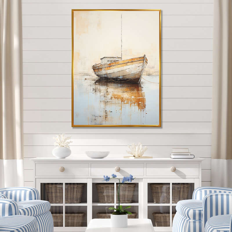 Minimalisme, bateau de pêche Horizon II - impression, Cadre flottant doré, H 32 po x l 24 po x P 1 po