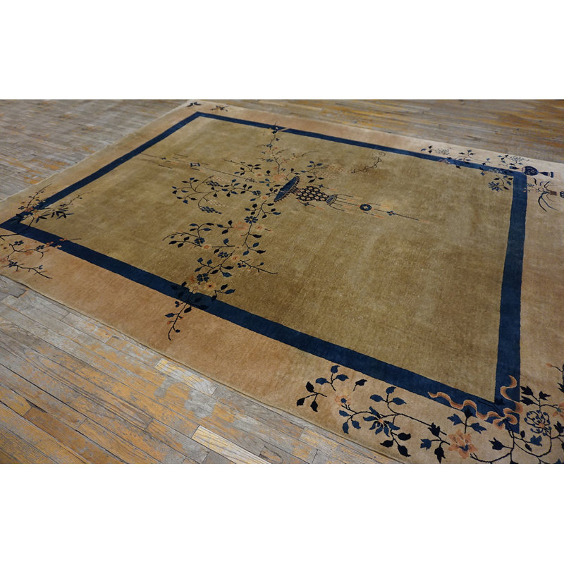 Chinese 1920s Antique Knotted - Art Deco Rectangle Ivory Room Size Wool Rug