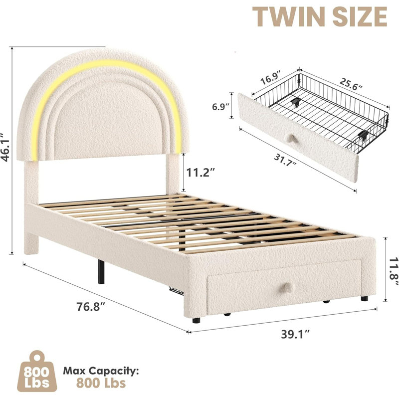 Structure de lit tapissier à DEL avec tiroir de rangement, Beige