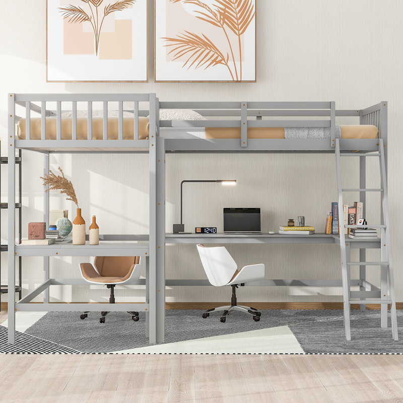 Lit mezzanine en bois avec échelle en L et 2 bureaux intégrés en L, Gris