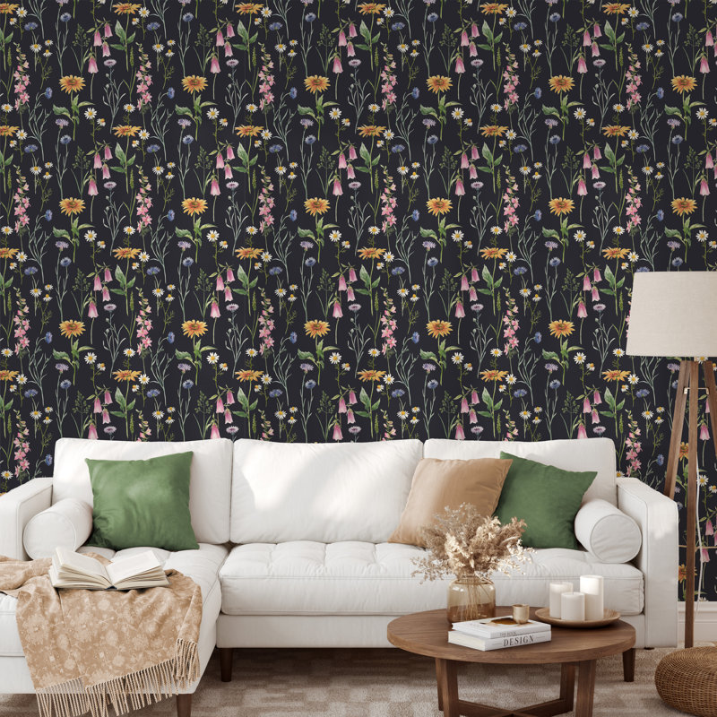Wildflowers on Dark Background Removable Wallpaper, 24"W x 120"L