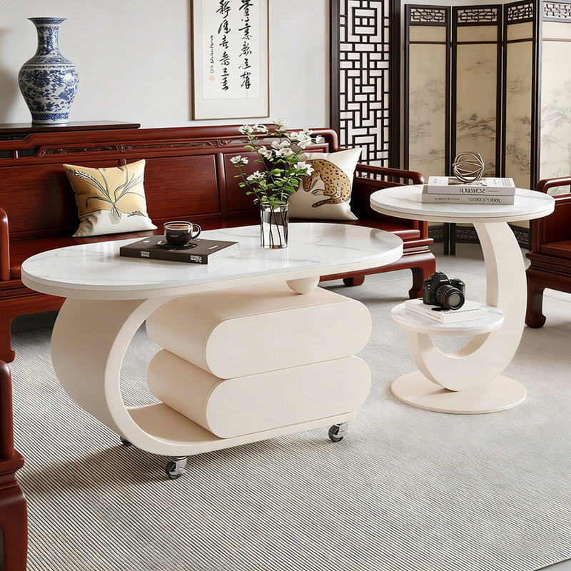 Table basse Rock Slab avec rangement, H 19,68 po x L 47,24 po x l 23,62 po, Blanc / Gris, Blanc