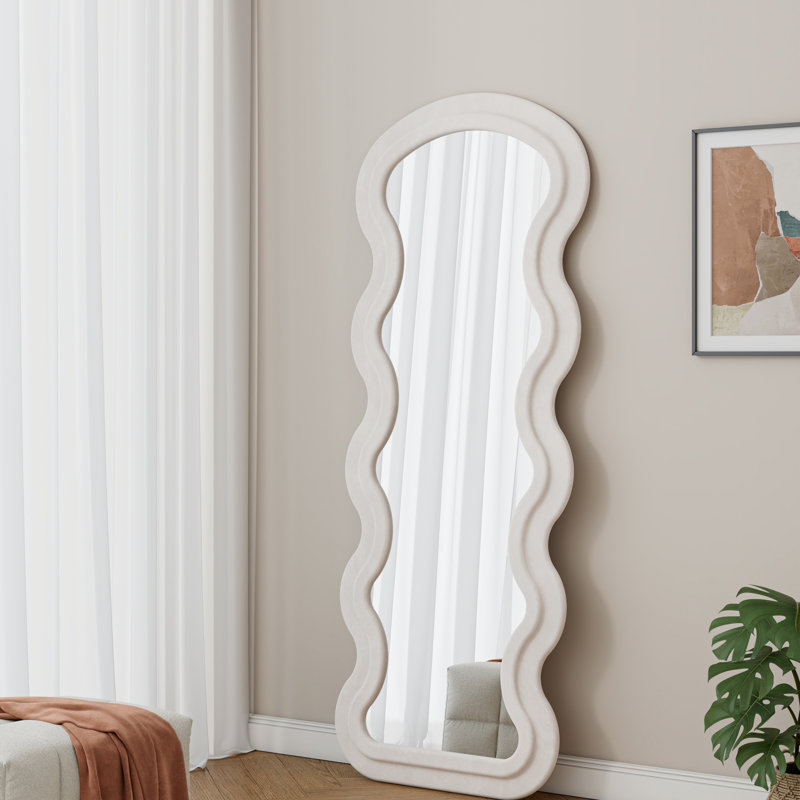 Flannel Full Length Wave  Floor Mirror With Stand For Bedroom Living Room Hanging Or Against The Wall, Mirror, Cream White