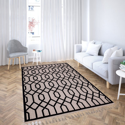 Tapis rectangulaire beige / noir en jute tissé à la machine Hayate