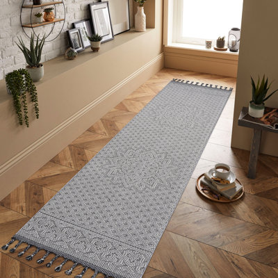 Tapis Loom & White/Medallion 60 x 240 cm, intérieur/extérieur, antitache, sans peluche, idéal pour les animaux, entretien facile, durable et facile à nettoyer.