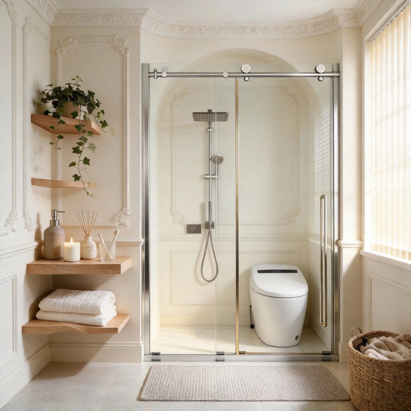 Porte de douche coulissante sans cadre, 122 cm (L) x 193 cm (H), fini argent brossé, verre trempé 8 mm, Nickel brossé