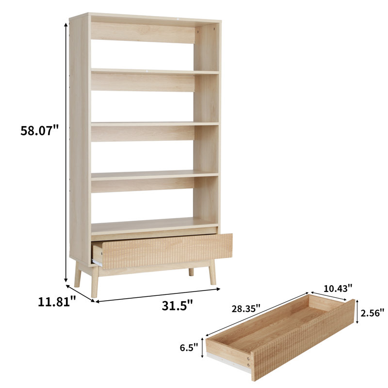 4 Tier Bookcase With Grooved Wooden Storage Drawer (2 Pcs), (4 Shelves)  58.7" H x 63" W x 11.8" D