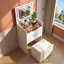Meuble-lavabo de 18,9 po de largeur avec tabouret de rangement, miroir éclairé et 3 tiroirs Shiona