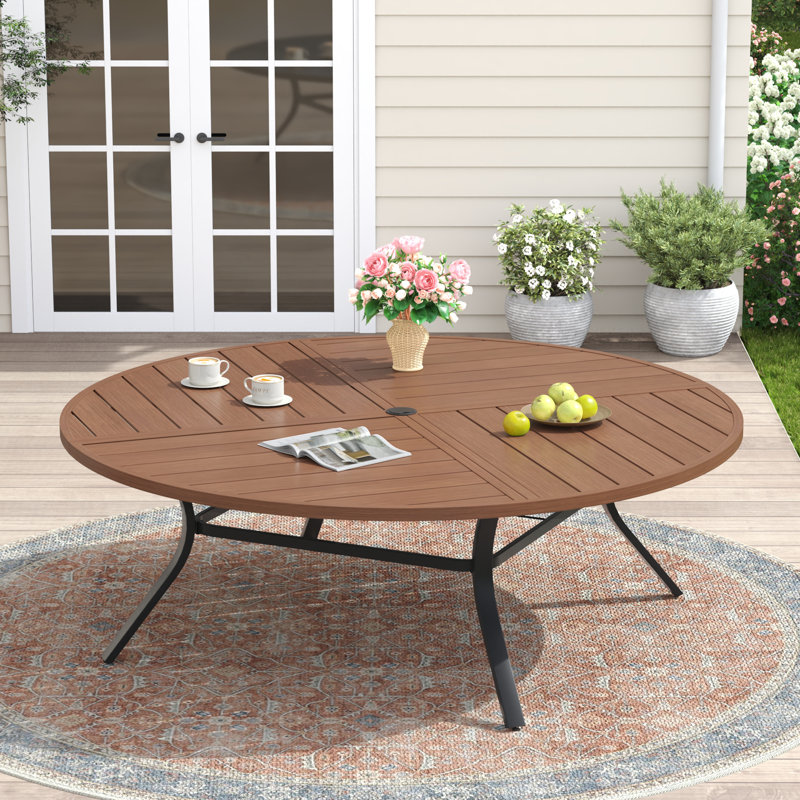 Table de salle à manger d'extérieur 63 po en métal 63 po pour 8 à 10 personnes, Brun / bois brossé