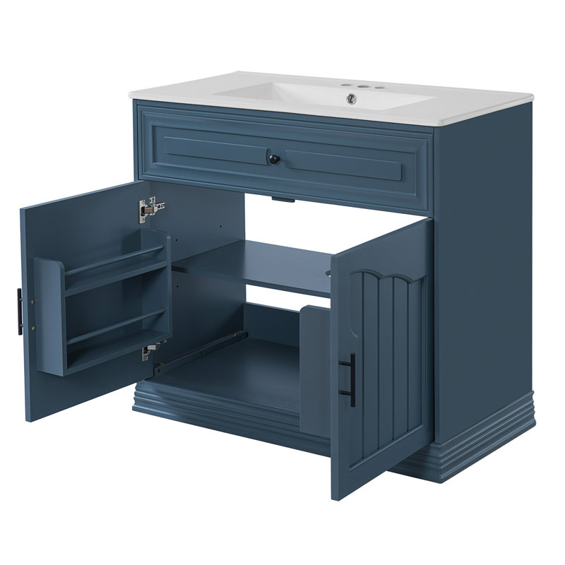 Meuble-lavabo de luxe 36 po avec lavabo en céramique, meuble-lavabo avec 2 grandes portes à fermeture douce et meuble de rangement en bois massif