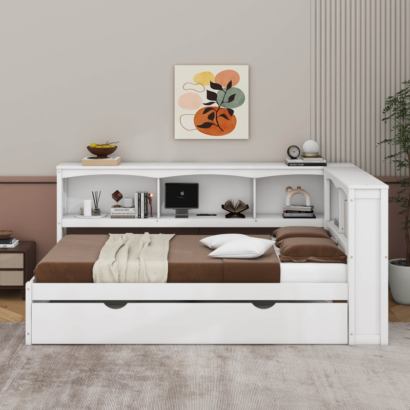 Lit de jour simple avec armoires de rangement, lit gigogne et ports USB, Blanc