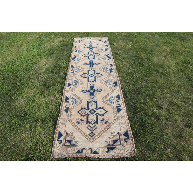 Tapis de couloir vintage turc beige en laine avec attrait antique distinctif pour escalier