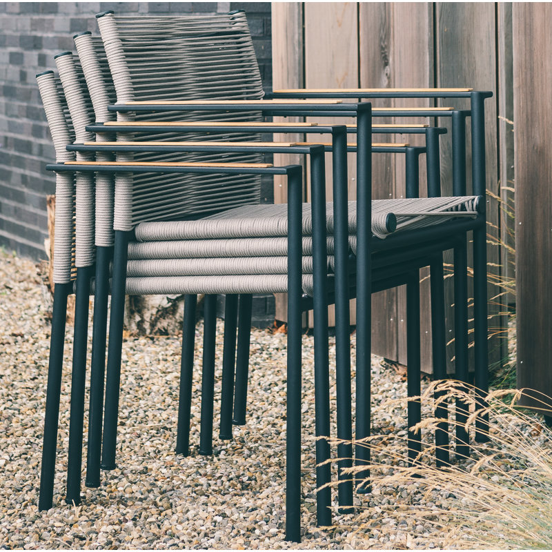 Chaise de salle à manger empilable en aluminium avec accoudoirs en teck Raleigh, Taupe