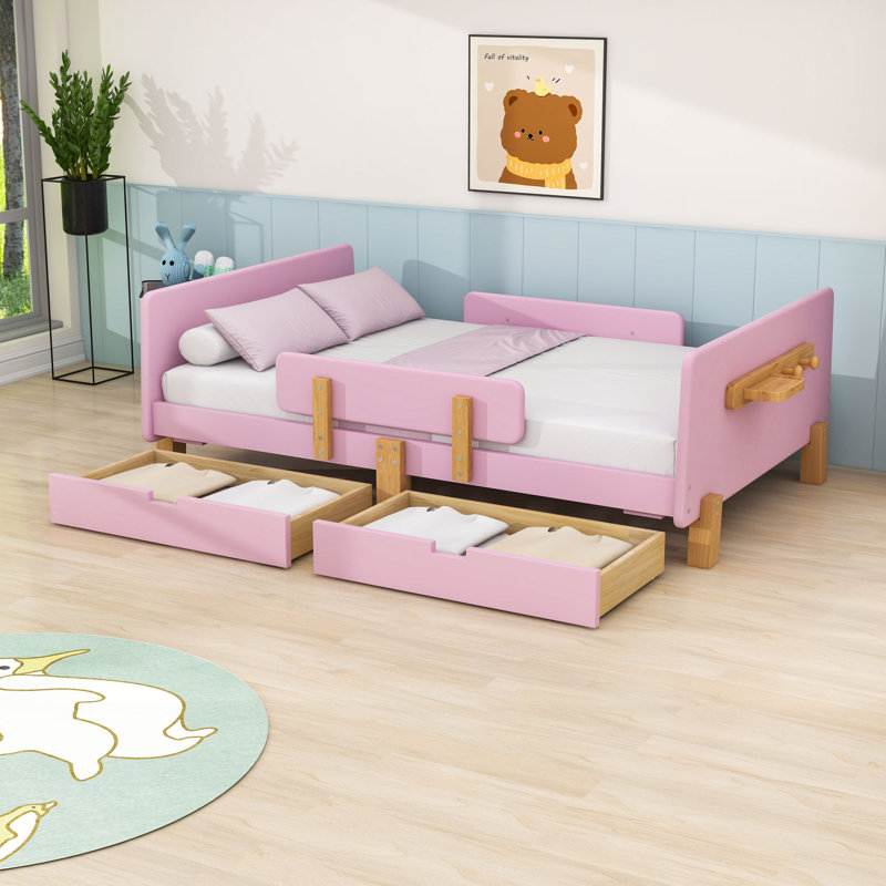 Lit en bois pour enfants avec 2 tiroirs de rangement, Complète, Rose
