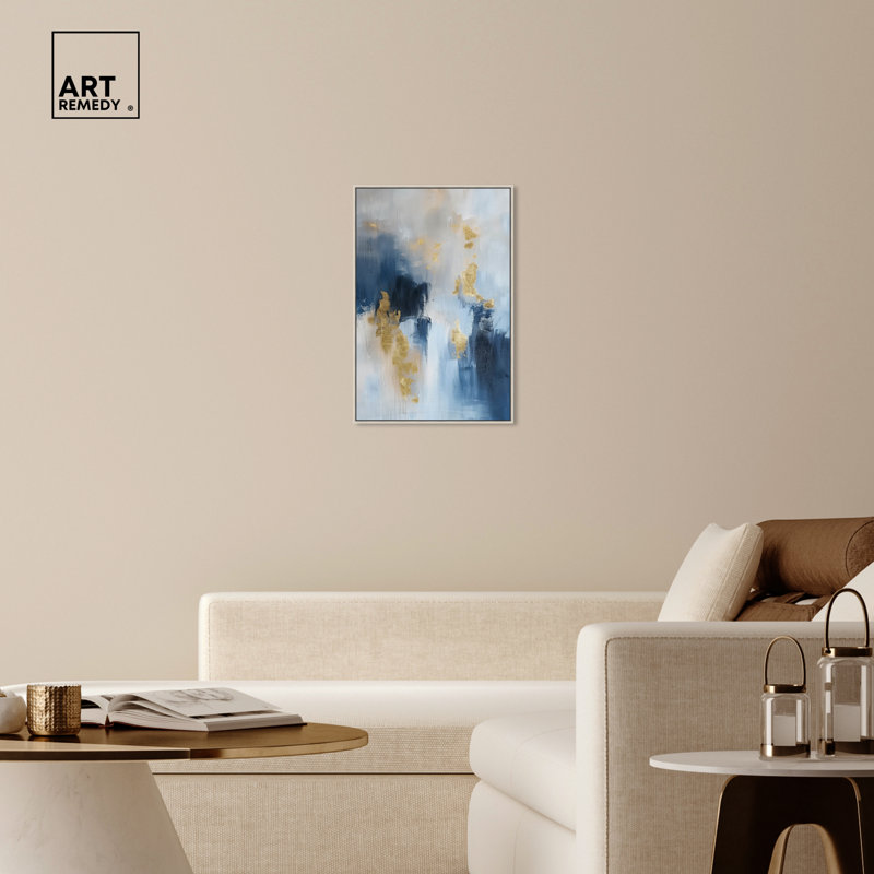 Morning Dew Blue Abstract Canvas Wall Art with Silver Frame