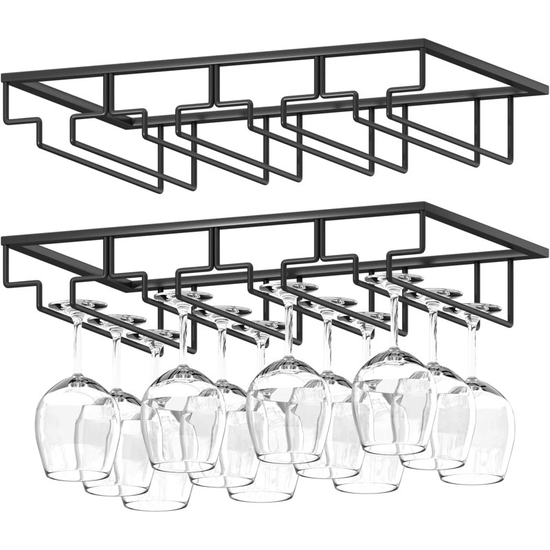 Ensemble de 2 porte-verres à vin en métal noir à 4 rangées sous l'armoire