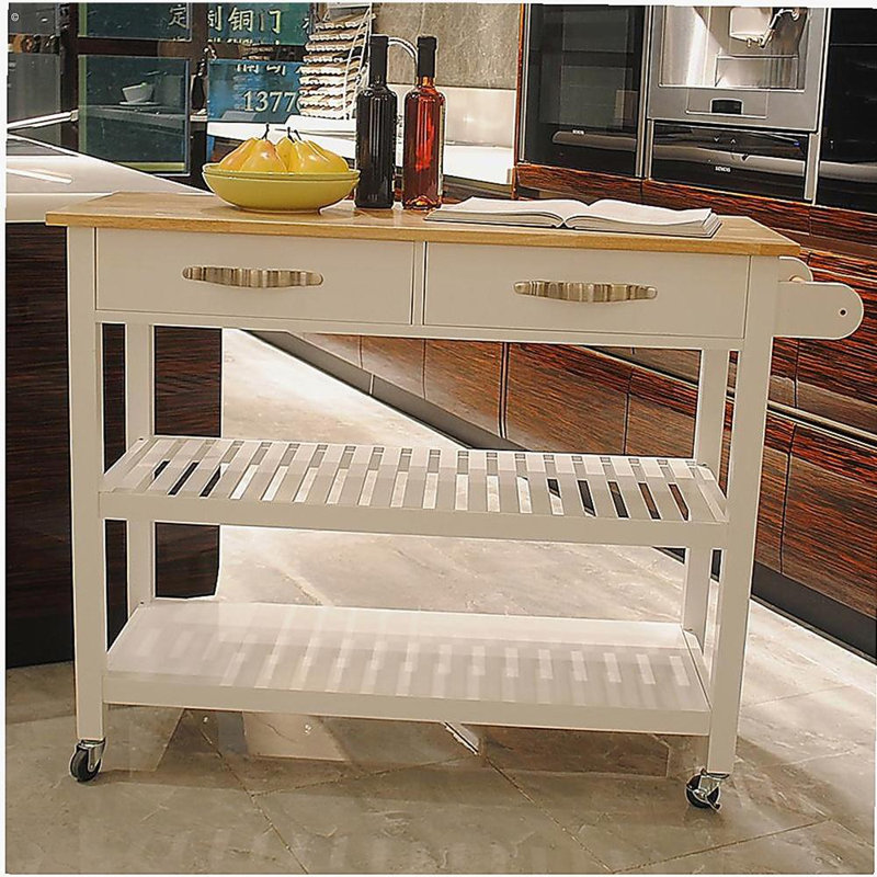 Kitchen Island and Kitchen Trolley, Rubberwood Top, with Two Lockable Wheels, Easy-to-Move Kitchen Island, Simple Design, Easy Storage and Access, Two Drawers Provide Unique Kitchenware Storage Space.