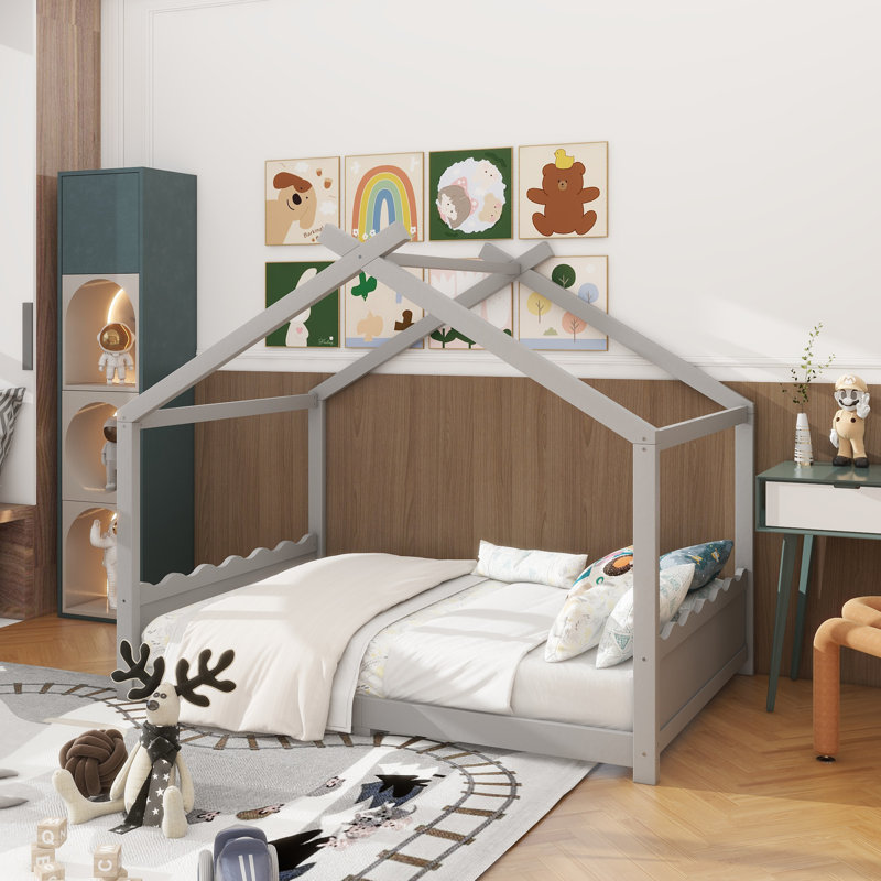 Lit double sur pied avec lattes de soutien, cadre de lit en bois massif pour enfants, sans sommier ni structure d'ouverture, gris