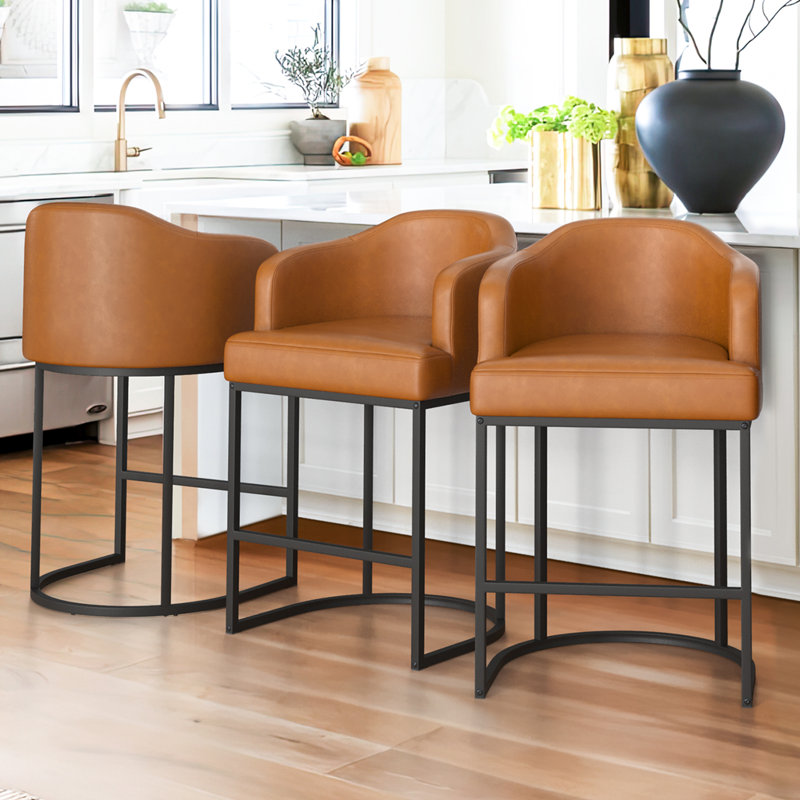 27" Counter Height Bar Stools (Set of 3), Yellowish Brown/Faux Leather  