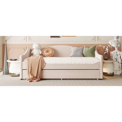 Upholstered Beige Daybed With Twin Size Fleece And Removable Trundle Programmable Feature Box