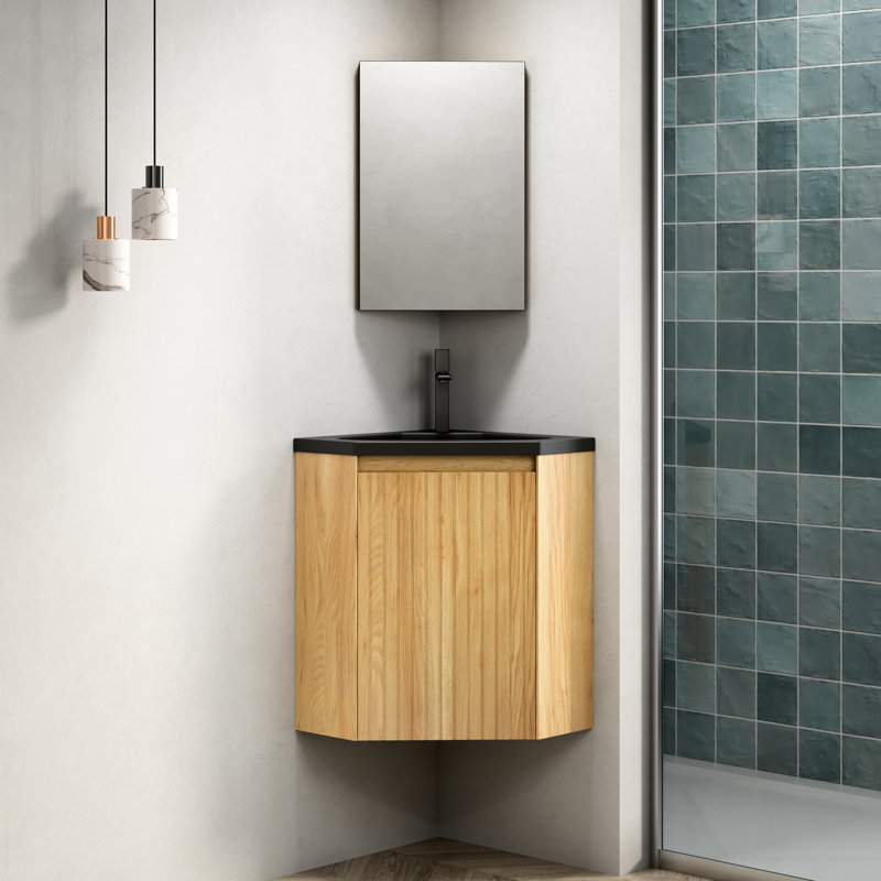 Meuble-lavabo suspendu triangulaire en résine noire intégrée de 76 cm (30 po), avec lavabo intégré et une porte. Rangement en contreplaqué naturel pour les petits coins de salle de bain et les espaces restreints.