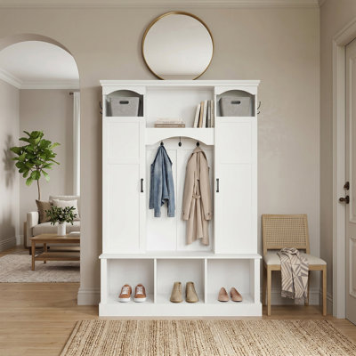 All-in-One Modern Hall Tree with Side Cabinets, 7 Hooks, Adjustable Shelves, and Storage Bench