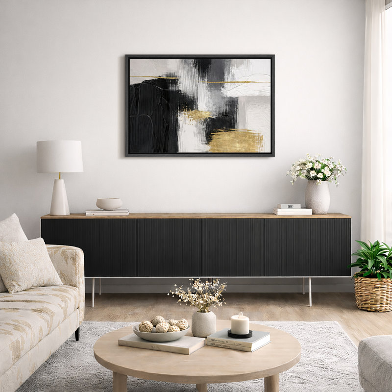 Composition abstraite noire et dorée, blocs audacieux avec contraste blanc neutre, design minimaliste moderne, impression sur toile encadrée