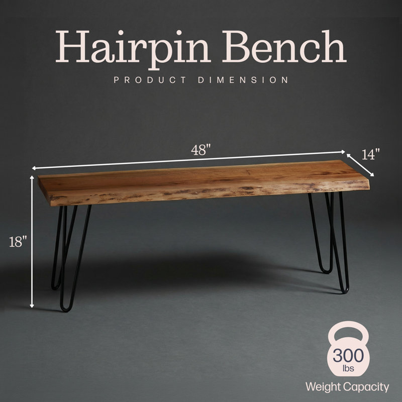 Alaterre Furniture Live Edge Solid Wood Bench with Metal Hairpin Legs - 48", 18" H x 48" W x 14" D
