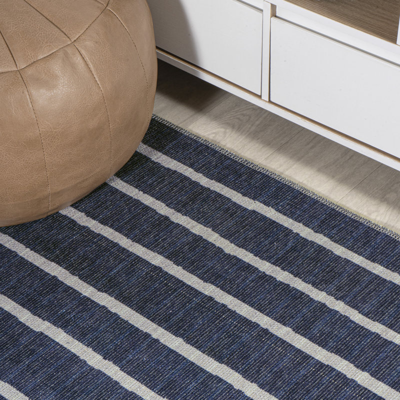 Rand Distressed Ticking Stripe Machine-Washable Navy/Gray Rug, Rectangle 2'11" x 5'