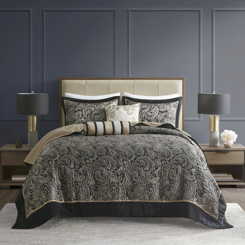 Couvre-lit 5 pièces pour grand lit - noir avec motif cachemire et housse en tissu