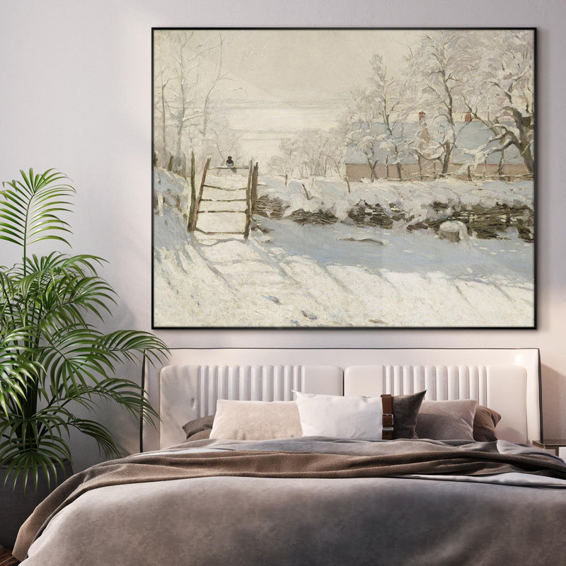 Paysage enneigé avec maisons et arbres, hiver classique, décoration murale très grande impression encadrée (assemblage requis)