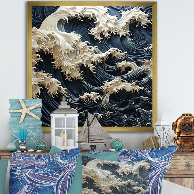Abstrait bleu et blanc, tempête océanique sur toile, H 30 po x l 30 po x P 1 po, Encadrement doré