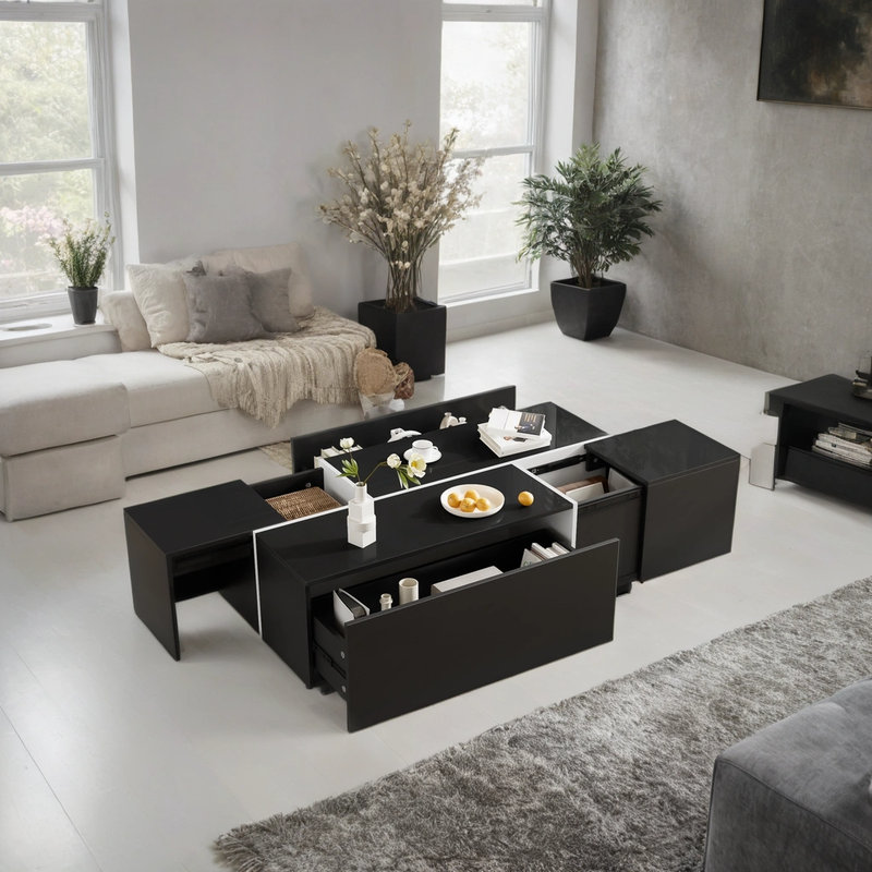 47.2"-72.7" Extendable Coffee Table with Storage - Modern High-Gloss Coffee Table with 2 Drawers & Hidden Compartments for Living Room