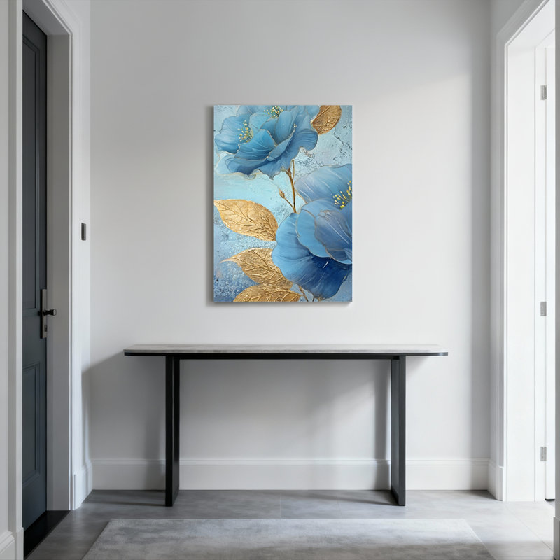 Ensemble de 1 tableau sur toile tendue, motif floral bleu et feuille d'or, H 36 po x l 24 po