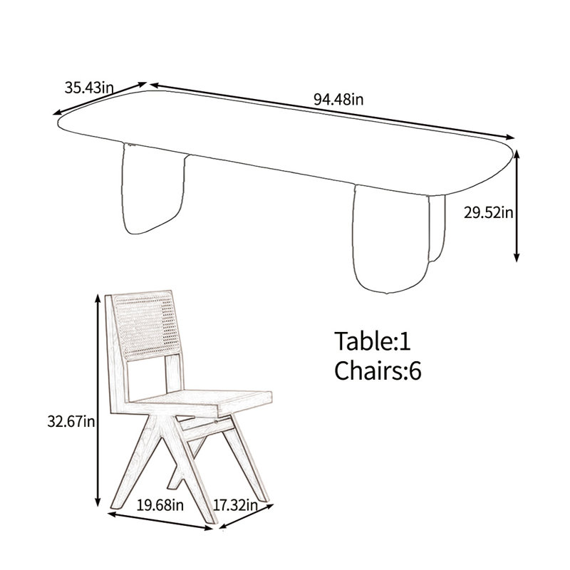 Warm solid wood table set, 29.52"H x 94.48"L x 35.43"W