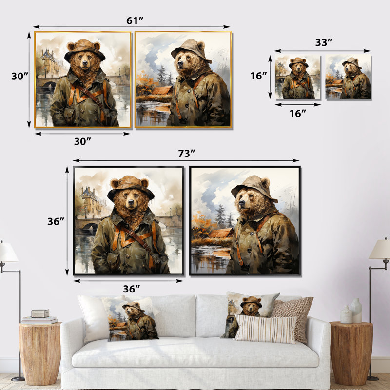 Ours en costume détective campagne I - ours, ensemble de 2 reproductions d'art sur toile, Toile tendue