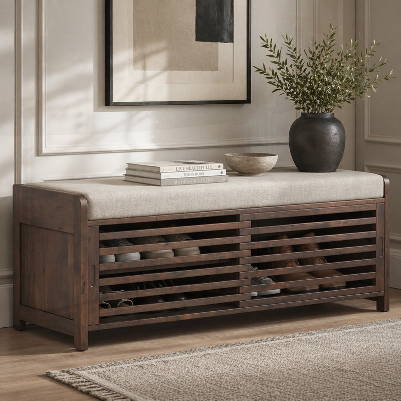 43" Distressed Shutter Storage Bench, Entryway Storage with Storage, Espresso