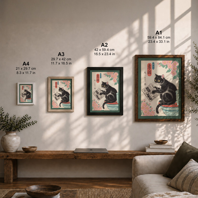 Cat with Newspaper and Roses Japandi - Framed Print, A3 - 42.0 x 29.7 cm, Walnut