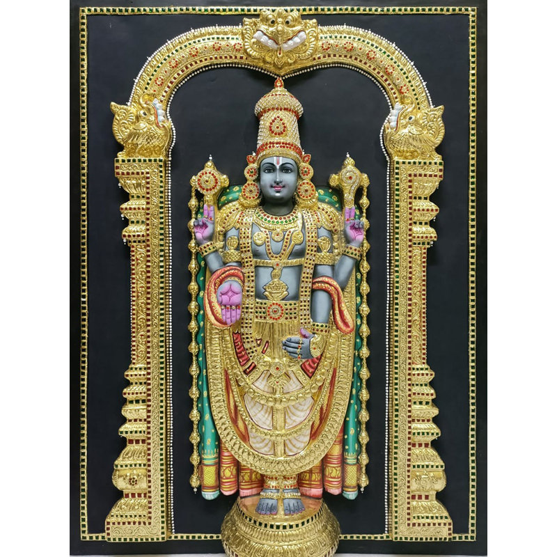 «Lord Perumal Tanjore», peinture avec cadre | Super visage en relief 3D