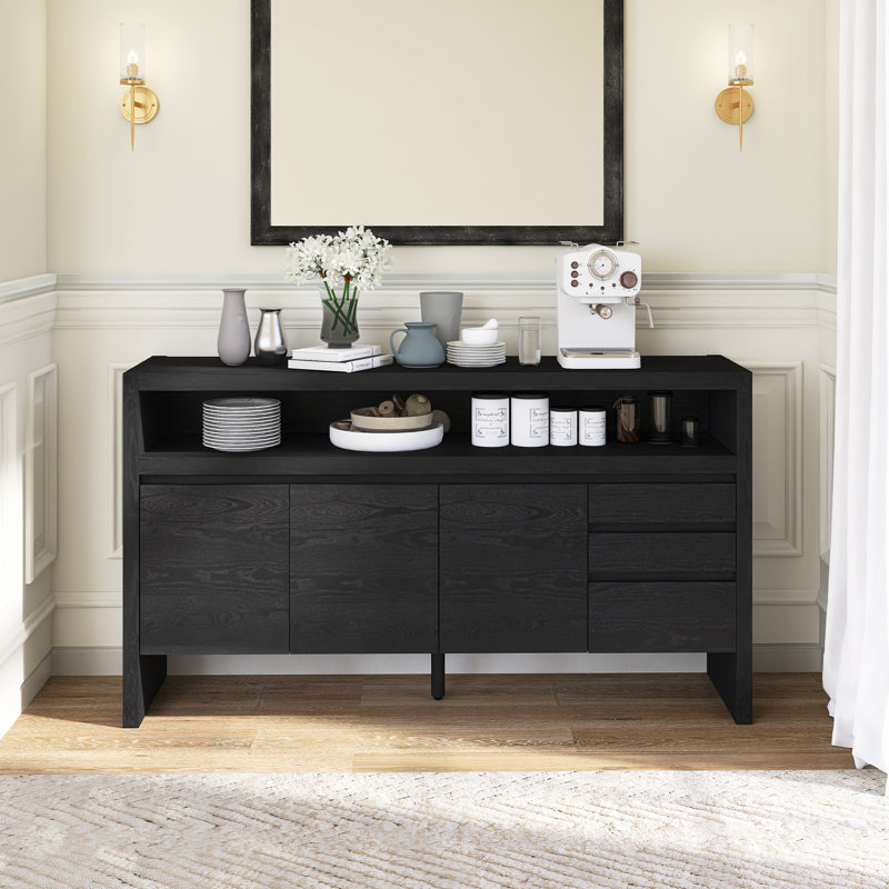 60" Wood Modern 3-Door Sideboard With Solid Wood Veneer, Black