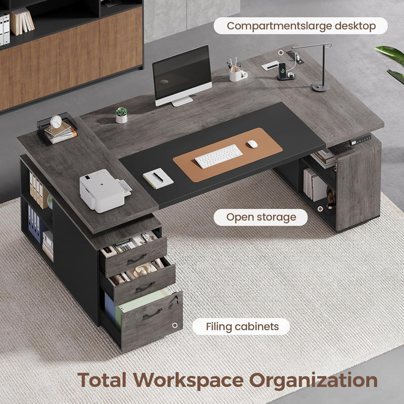 Bureau électrique debout avec prise de courant, bureau de direction avec classeur verrouillable et compartiments de rangement ouverts, bureau personnel, gris