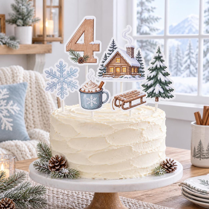 Ensemble de décorations personnalisées pour gâteau d'anniversaire sur le thème d'un chalet d'hiver chaleureux (Âge : 5 ans), en papier cartonné enneigé
