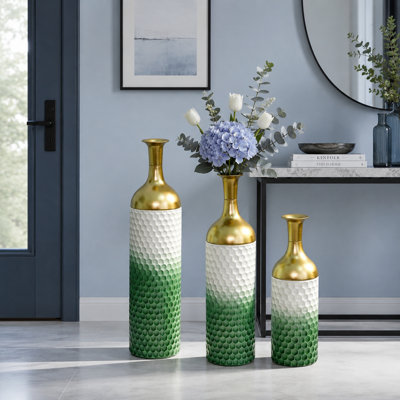 Ensemble de 3 vases de plancher verts, blancs et dorés, ensemble de vases gigognes à finition texturée